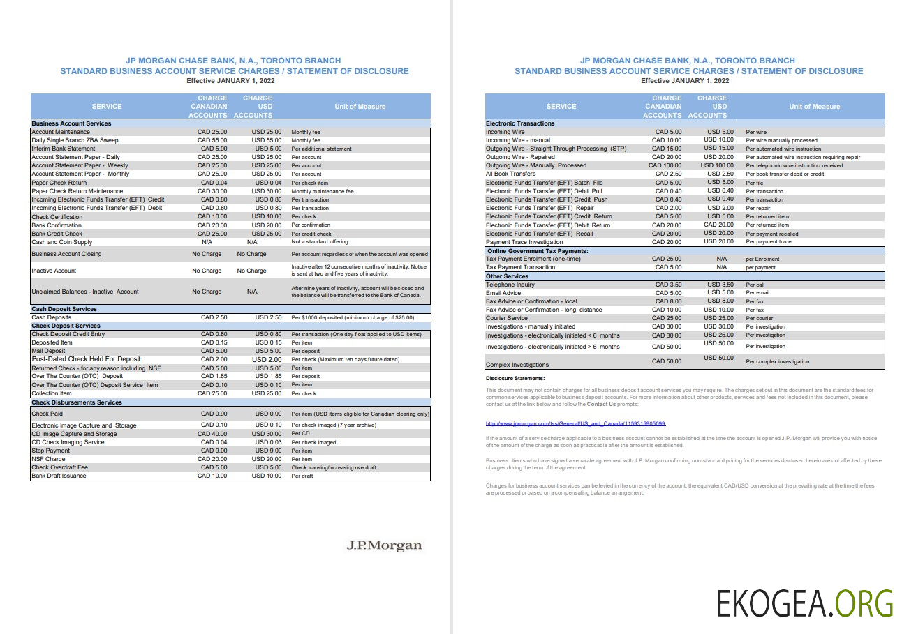 Relevé bancaire USA JP Morgan 2 pages VERSION 2